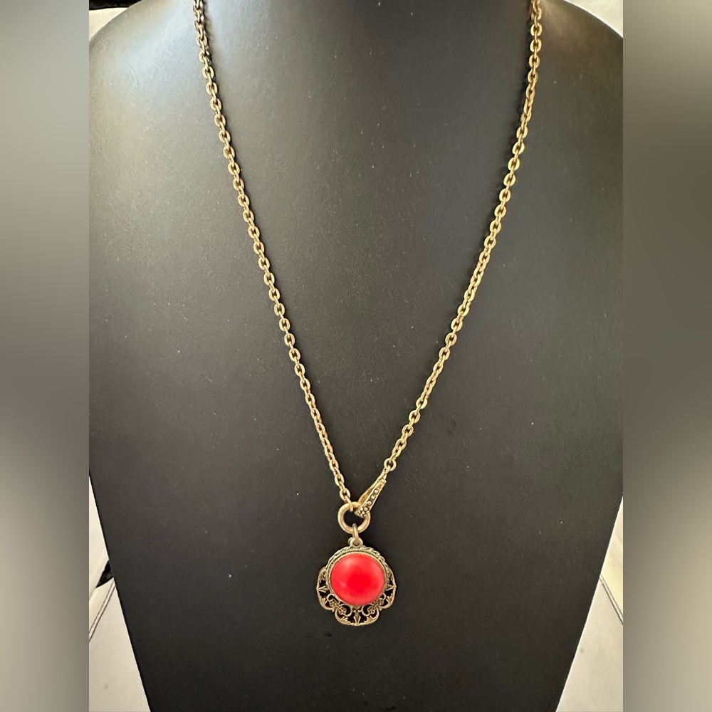 Vintage Lucky brand gold tone necklace with red cabochon pendant